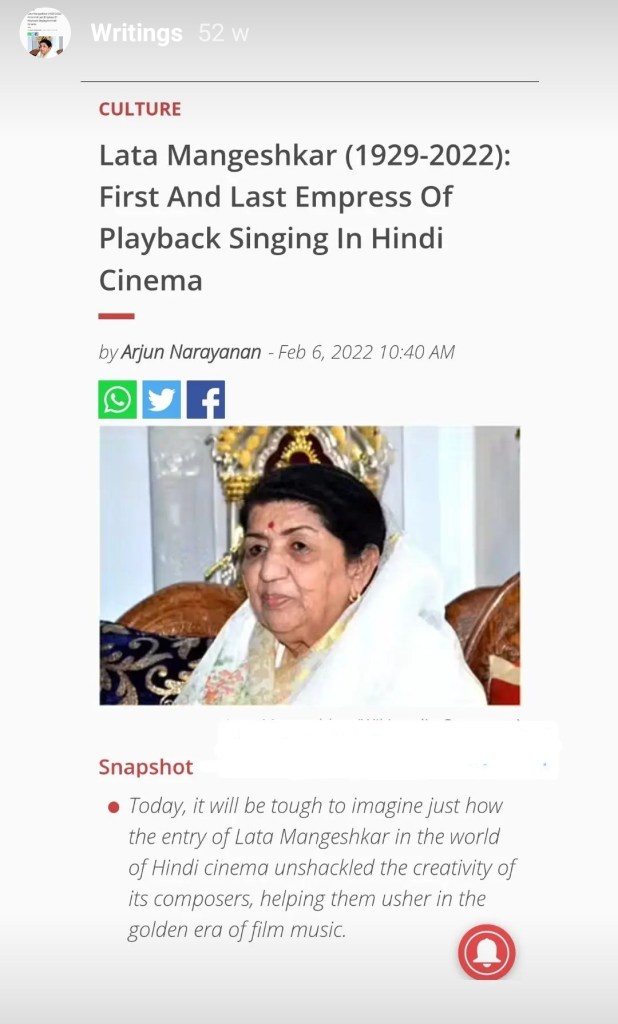 Lata Mangeshkar, thr first and last queen of playback singing in Hindi cinema